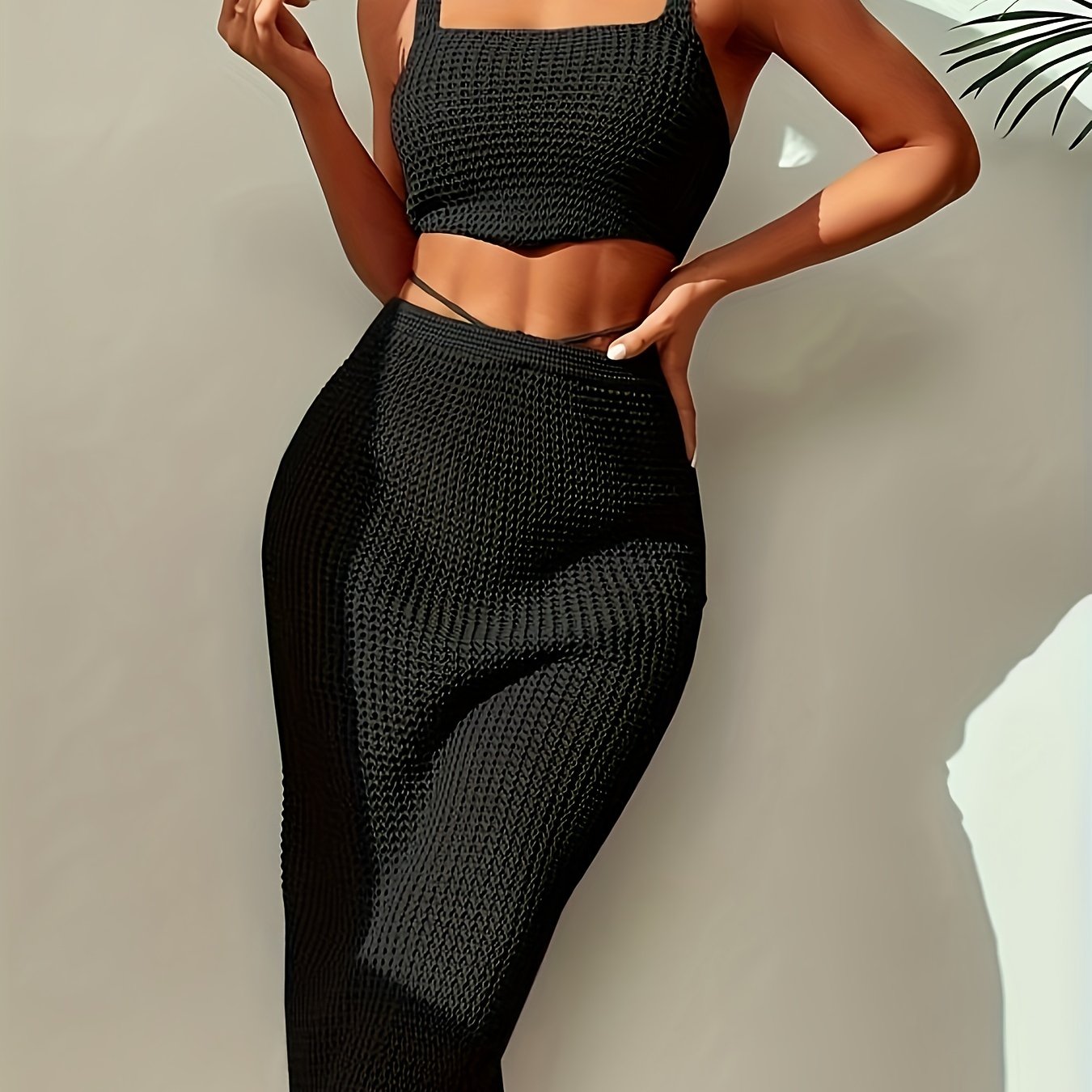 Solid Waffle Print Casual Two-piece Set, Cropped Sleeveless Tank Top & Drawstring Bodycon Split Skirts Set, Women's Clothing