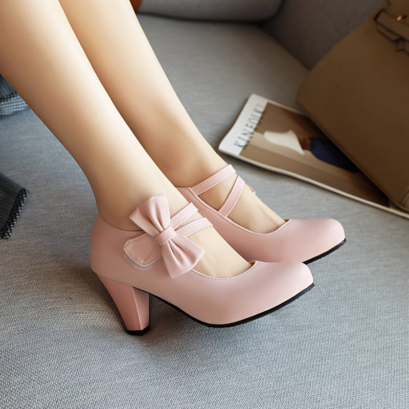 vlovelaw Women's Bow Decor Pumps, Elegant Solid Color Chunky High Heels, All-Match Uniform Dress Shoes
