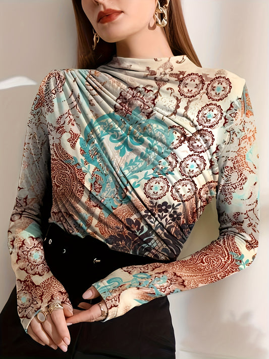 Floral Print Ruched Mock Neck T-Shirt, Casual Long Sleeve Top For Spring & Fall, Women's Clothing