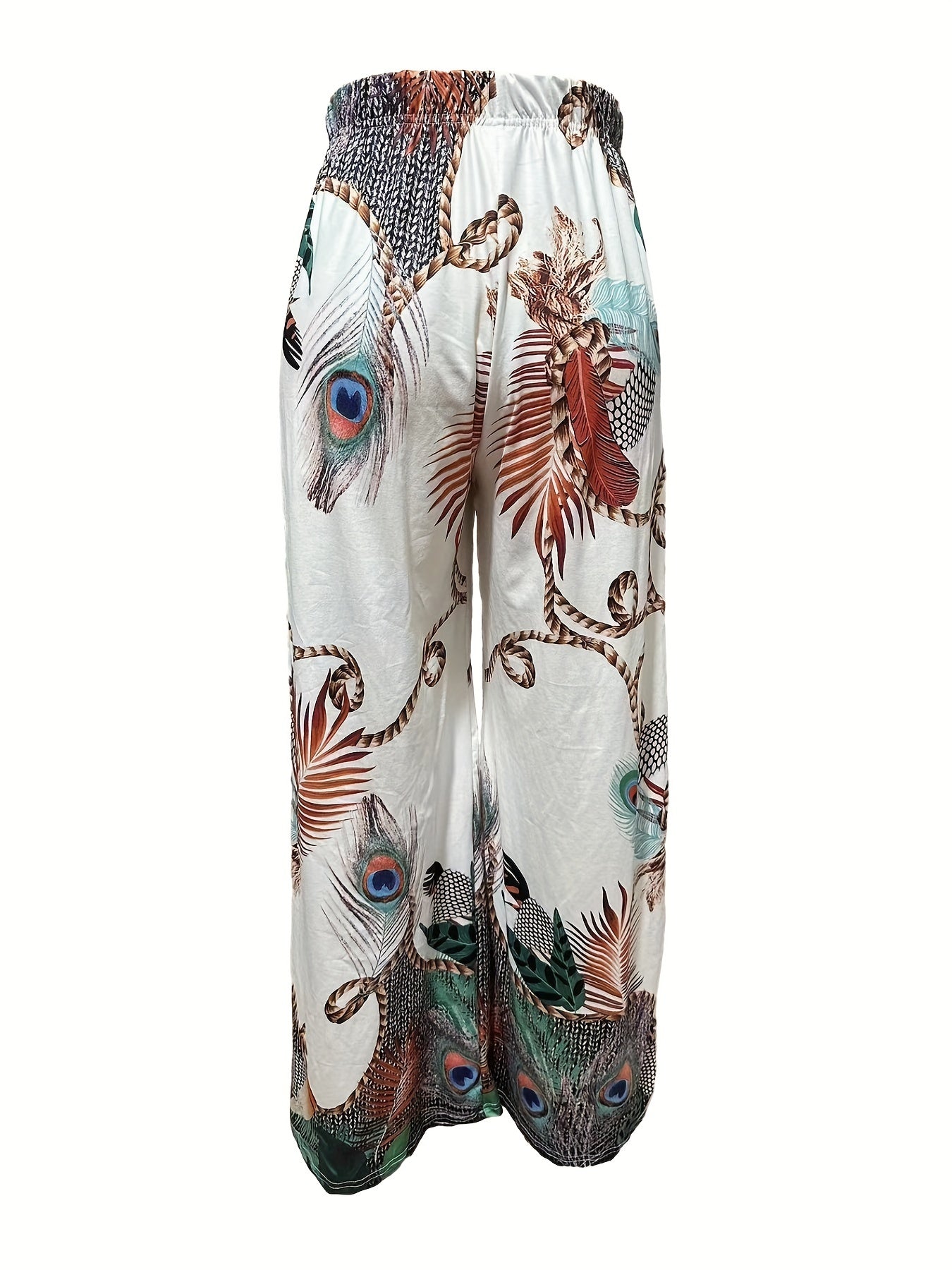 Peacock Print Wide Leg Pants, Retro Drawstring Long Length Palazzo Pants, Women's Clothing