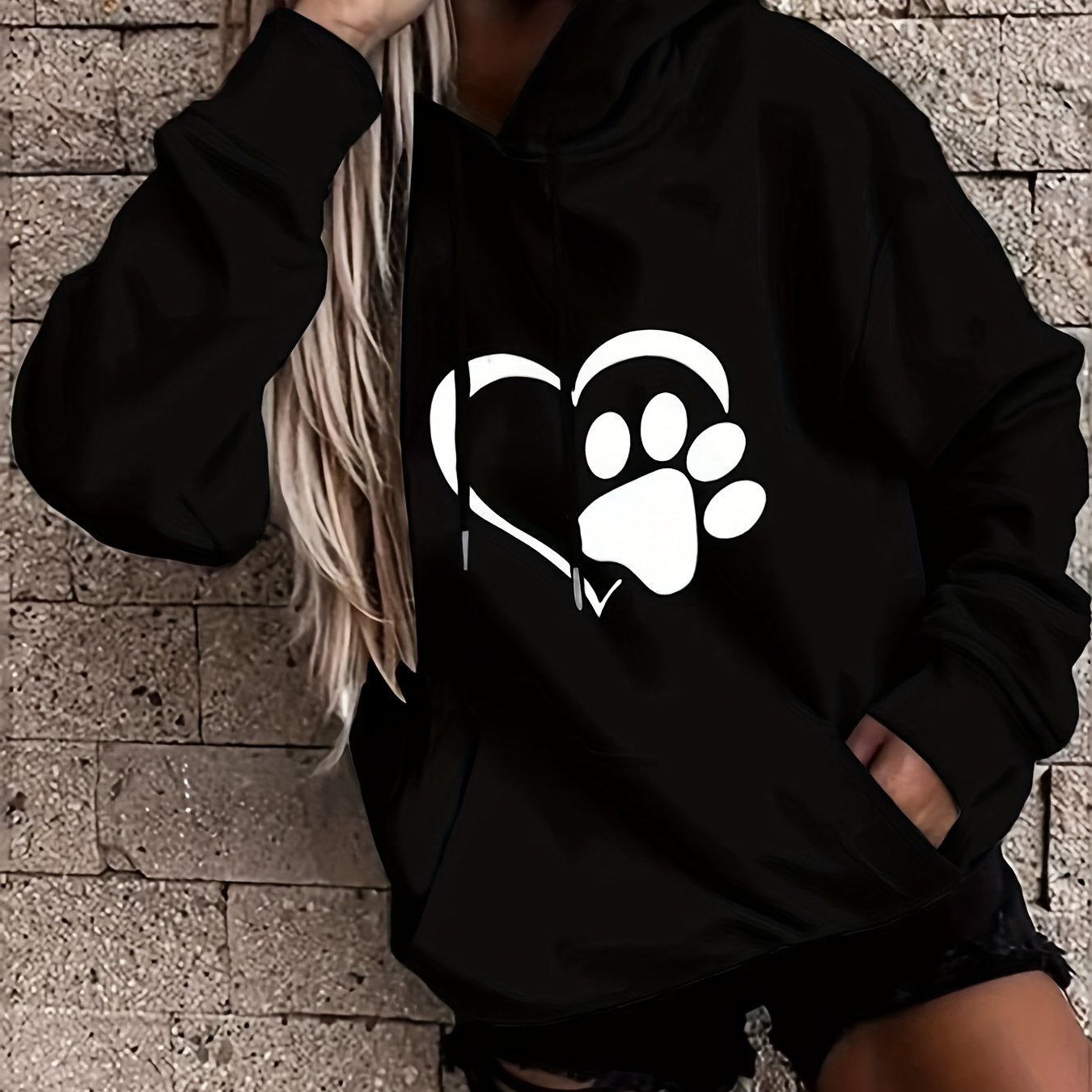 vlovelaw  Plus Size Casual Sweatshirt, Women's Plus Paw Heart Print Long Sleeve Medium Stretch Drawstring Hoodie With Pocket