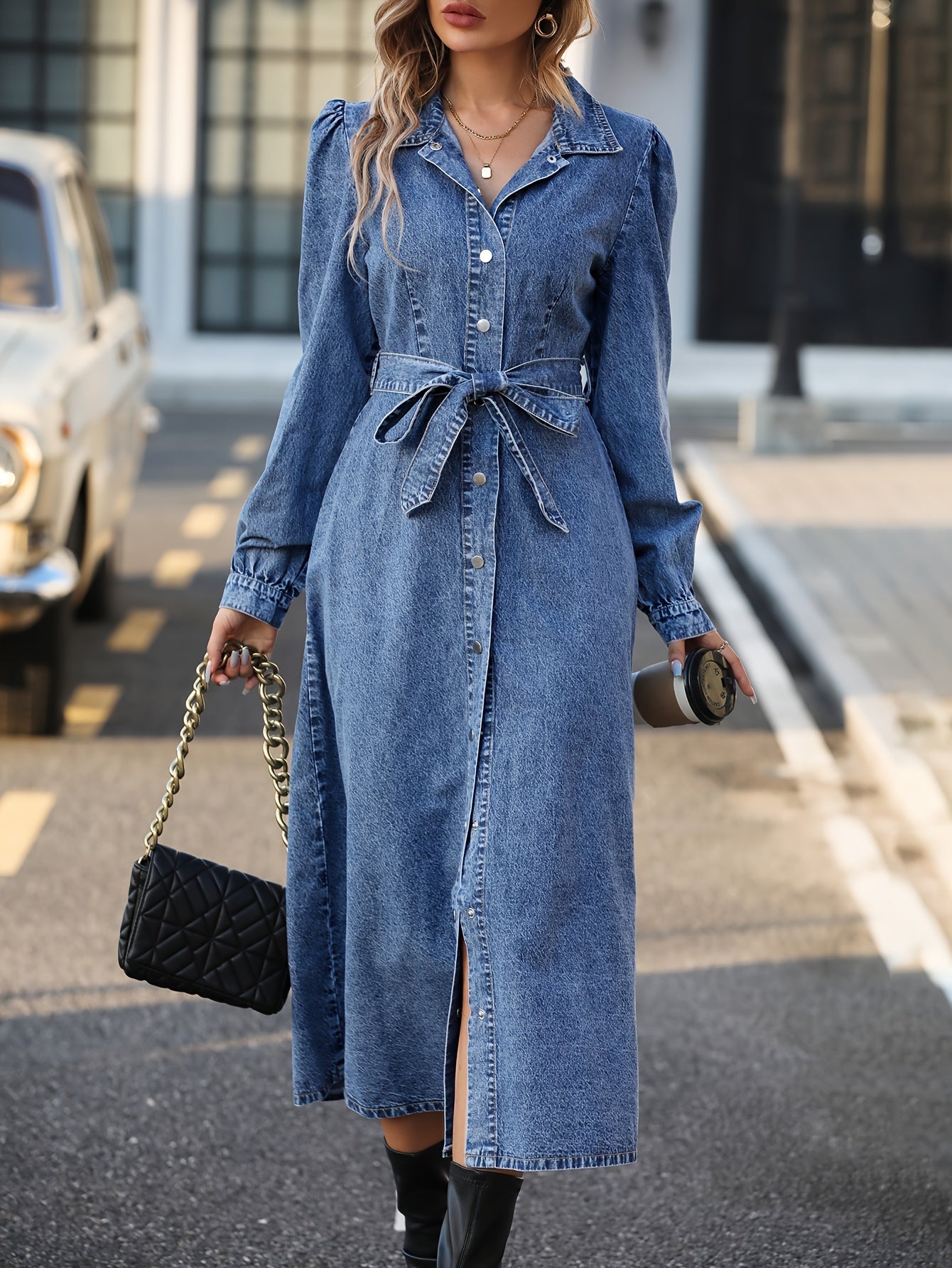 Blue Long Sleeves Denim Dress, Single Breasted Button With Waistband Lapel Denim Dress, Women's Denim Clothing