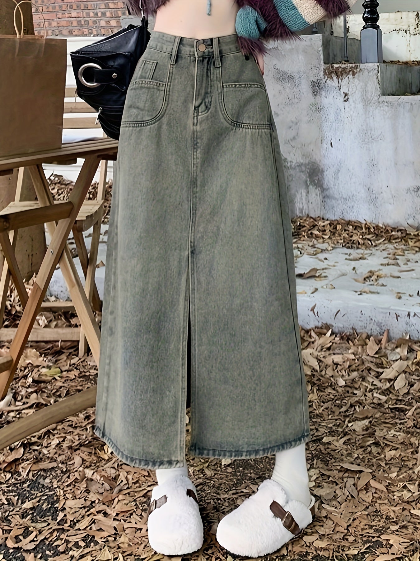 Split Hem Vintage Washed Maxi Denim Skirt, High Rise Versatile Denim Skirt, Women's Denim Jeans & Clothing