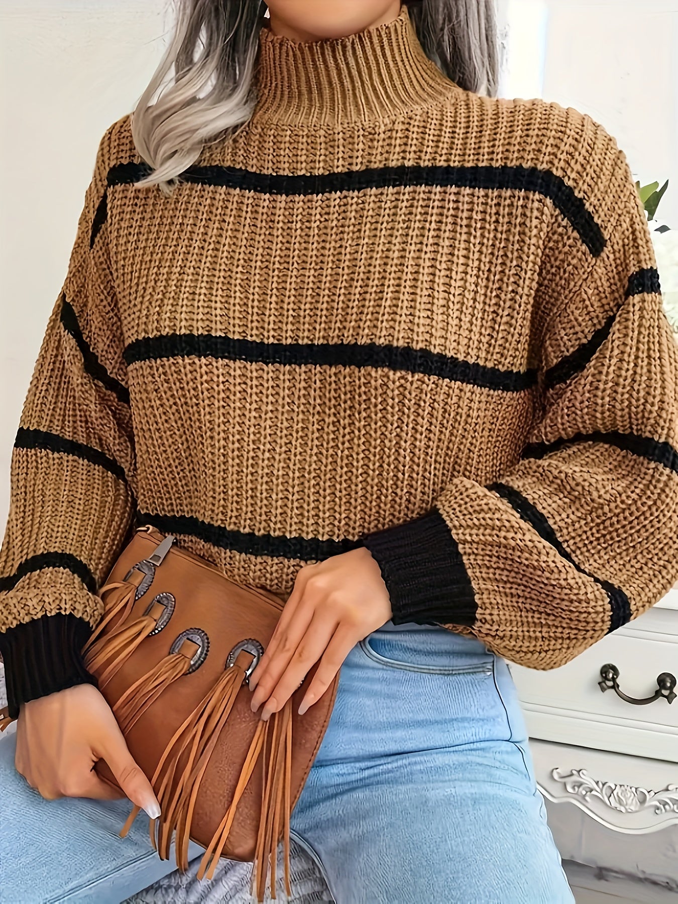 vlovelaw Striped Color Block Crew Neck Sweater, Casual Long Sleeve Loose Fall Winter Knit Sweater, Women's Clothing