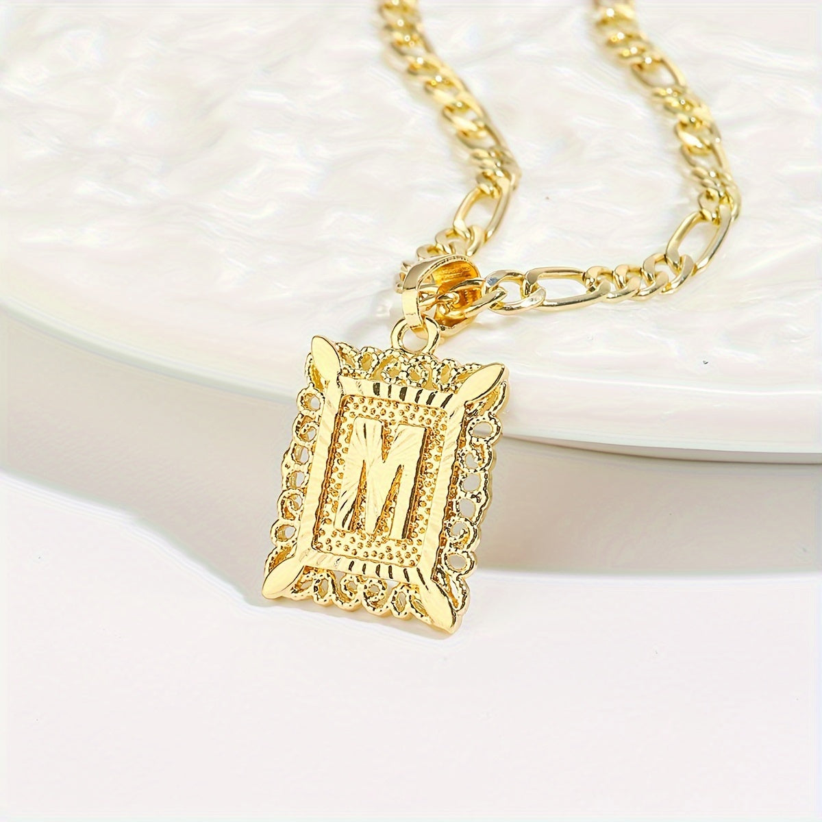18K Gold Plated Square Monogram Pendant Necklace - Fashionable Personalized Alphabet Letter A-Z Figaro Chain Necklace for Men and Women - Copper Material, No Magnetic, No Mosaic, Plating-Free, Stylish Jewelry for Any Occasion