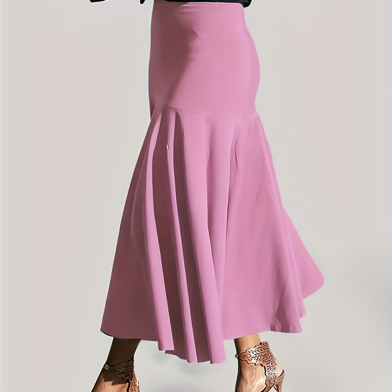 vlovelaw Plus Size Party Skirt, Women's Plus Solid High Rise Non-stretch Maxi Mermaid Skirt
