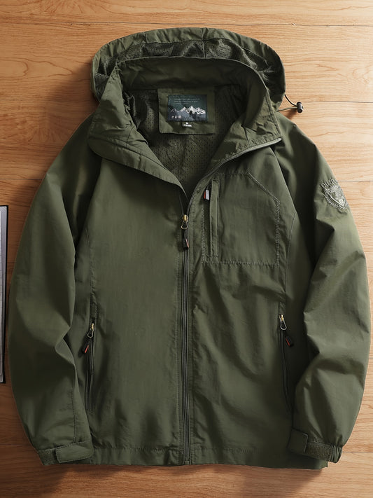 vlovelaw  Men's Casual Zipper Pockets Detachable Hooded Windbreaker Jacket, Waterproof Soft-shell Jacket For Outdoor Hiking Camping