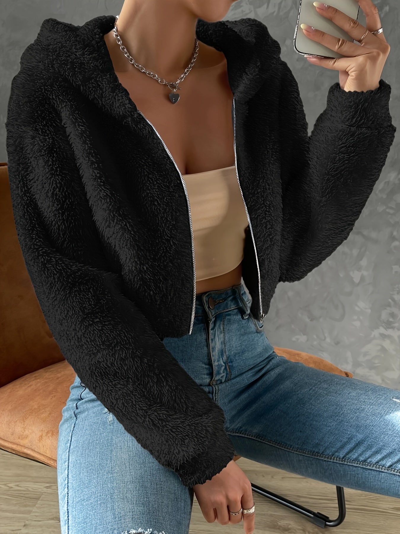 vlovelaw Solid Color Zip-up Teddy Hoodie, Casual Long Sleeve Hoodie Jacket, Women's Clothing