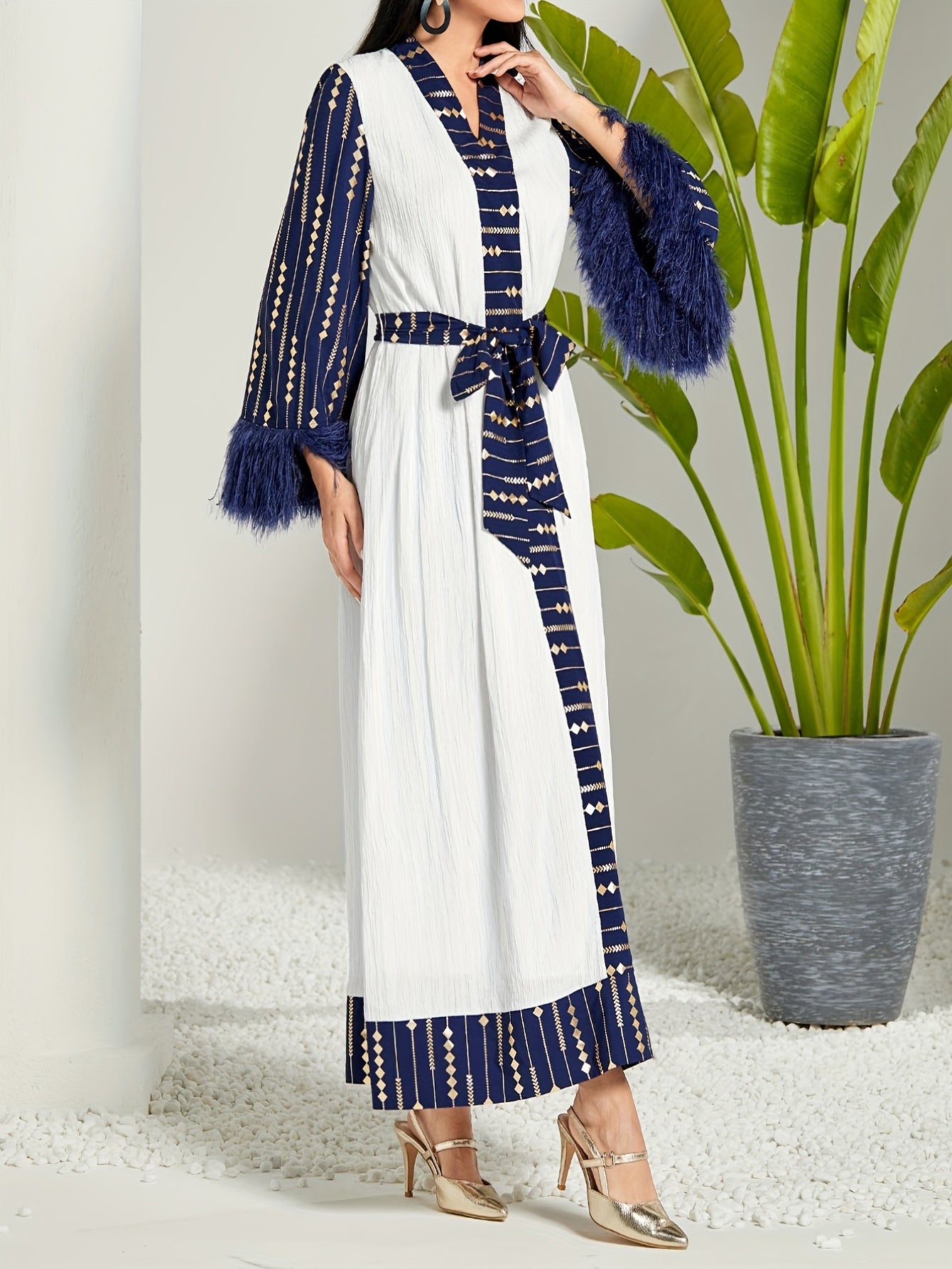 Tassel V Neck Kaftan Dress, Elegant Long Sleeve Maxi Dress, Women's Clothing