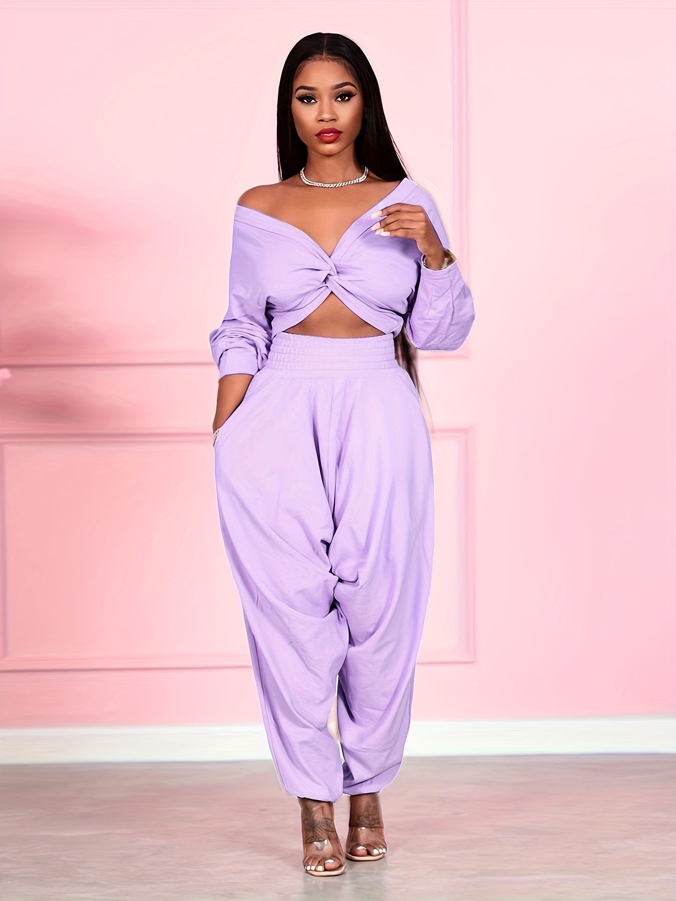 Solid Two Piece Set, V-neck Off Shoulder Crop Top & High Waist Elastic Pants, Women's Clothing