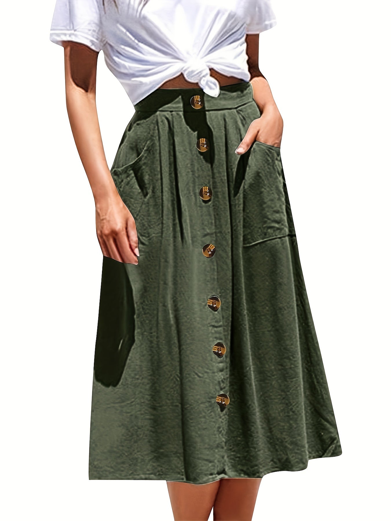 Plus Size Elegant Skirt, Women's Plus Solid Button Decor Slight Stretch Pleated Maxi Skirt With Pockets