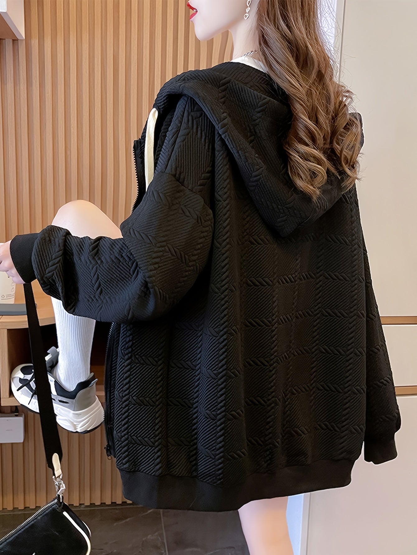 vlovelaw Slant Pockets Zip-up Cable Hoodie, Casual Lantern Sleeve Drawstring Hoodie Coat, Women's Clothing