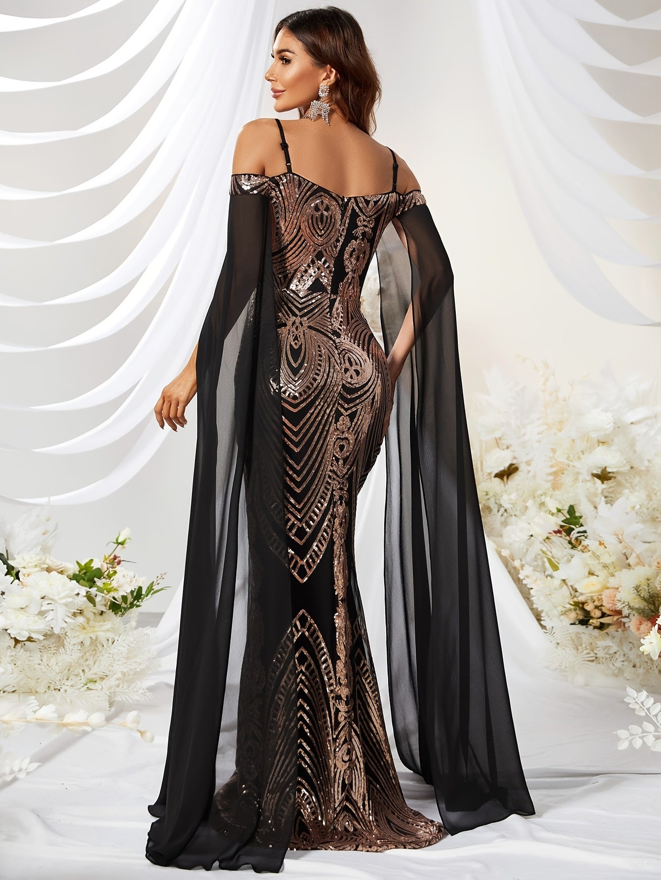 vlovelaw Elegant Skinny Sequined Cold Shoulder Dress, Mesh Stitching Dress For Party & Banquet, Women's Clothing