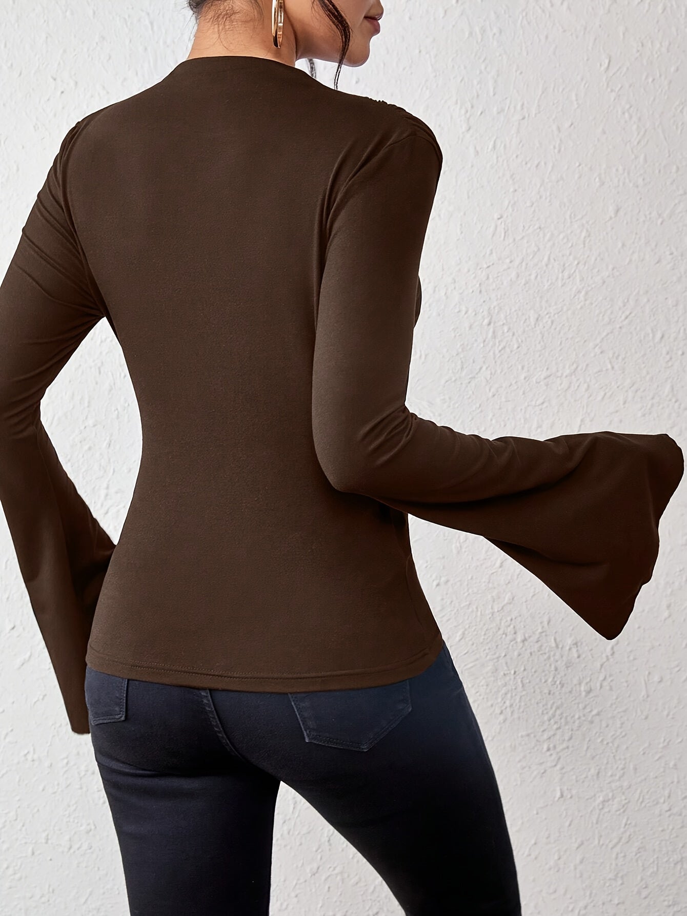 vlovelaw Solid Color Crew Neck T-Shirt, Casual Flare Sleeve T-Shirt For Spring & Fall, Women's Clothing