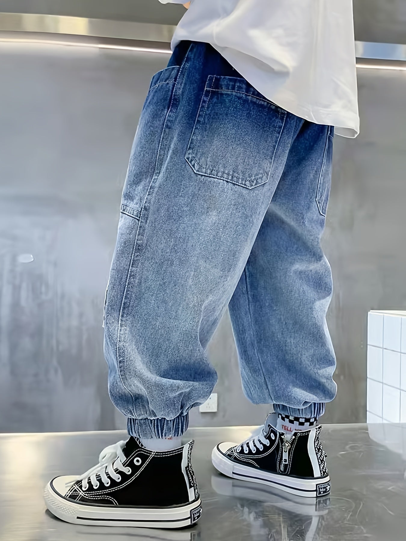 Boys Tapered Cargo Denim Jeans With Elastic Waistband Kids Clothes