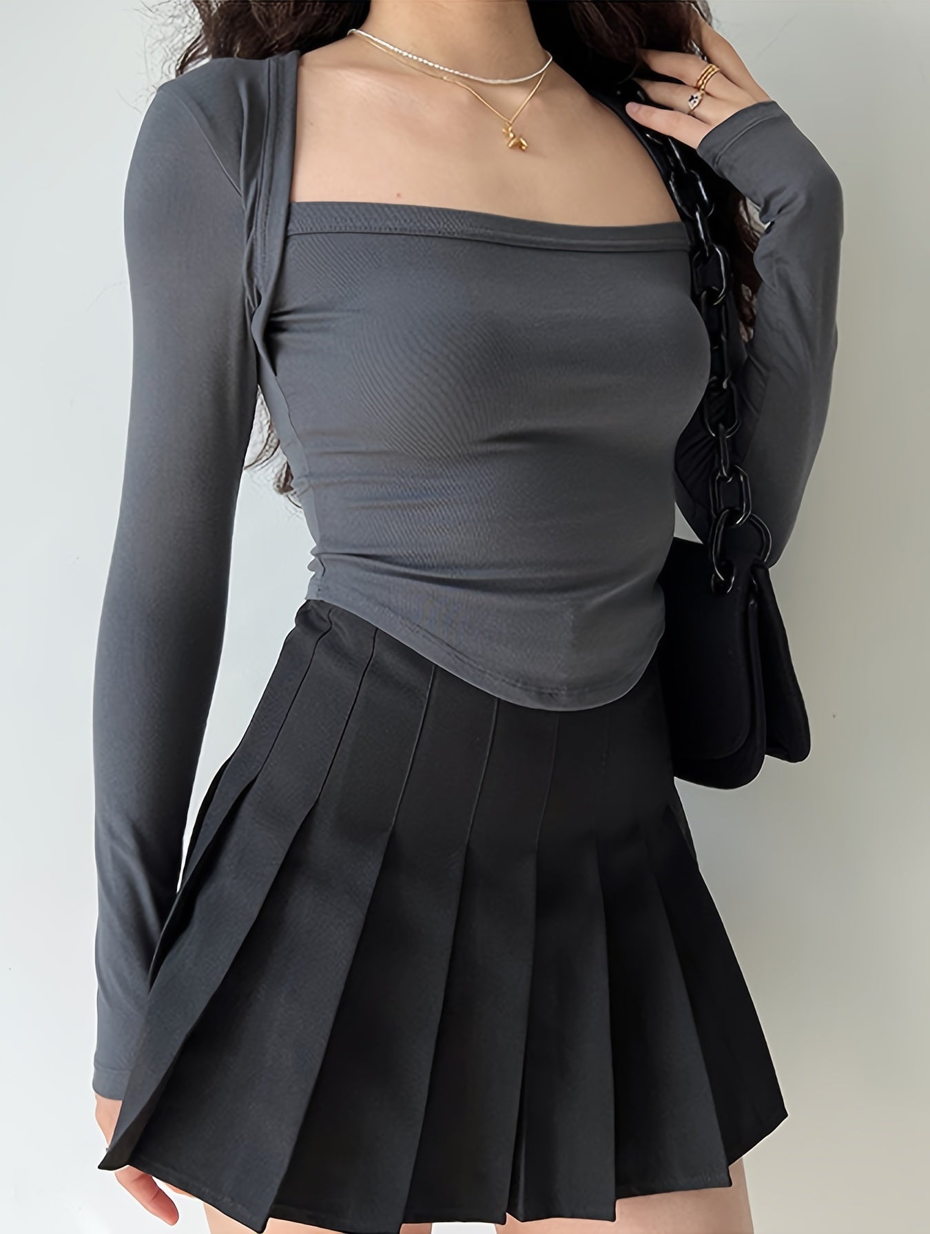 vlovelaw Solid Square Neck Curved Hem T-Shirt, Casual Long Sleeve Top For Spring & Fall, Women's Clothing