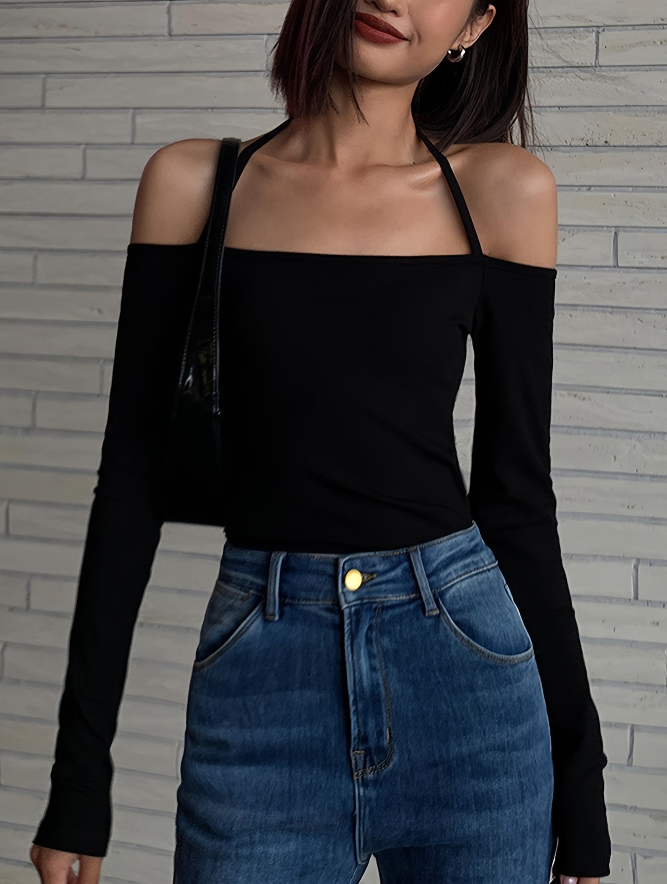 Halter Neck Solid T-Shirt, Casual Long Sleeve Top For Spring, Women's Clothing