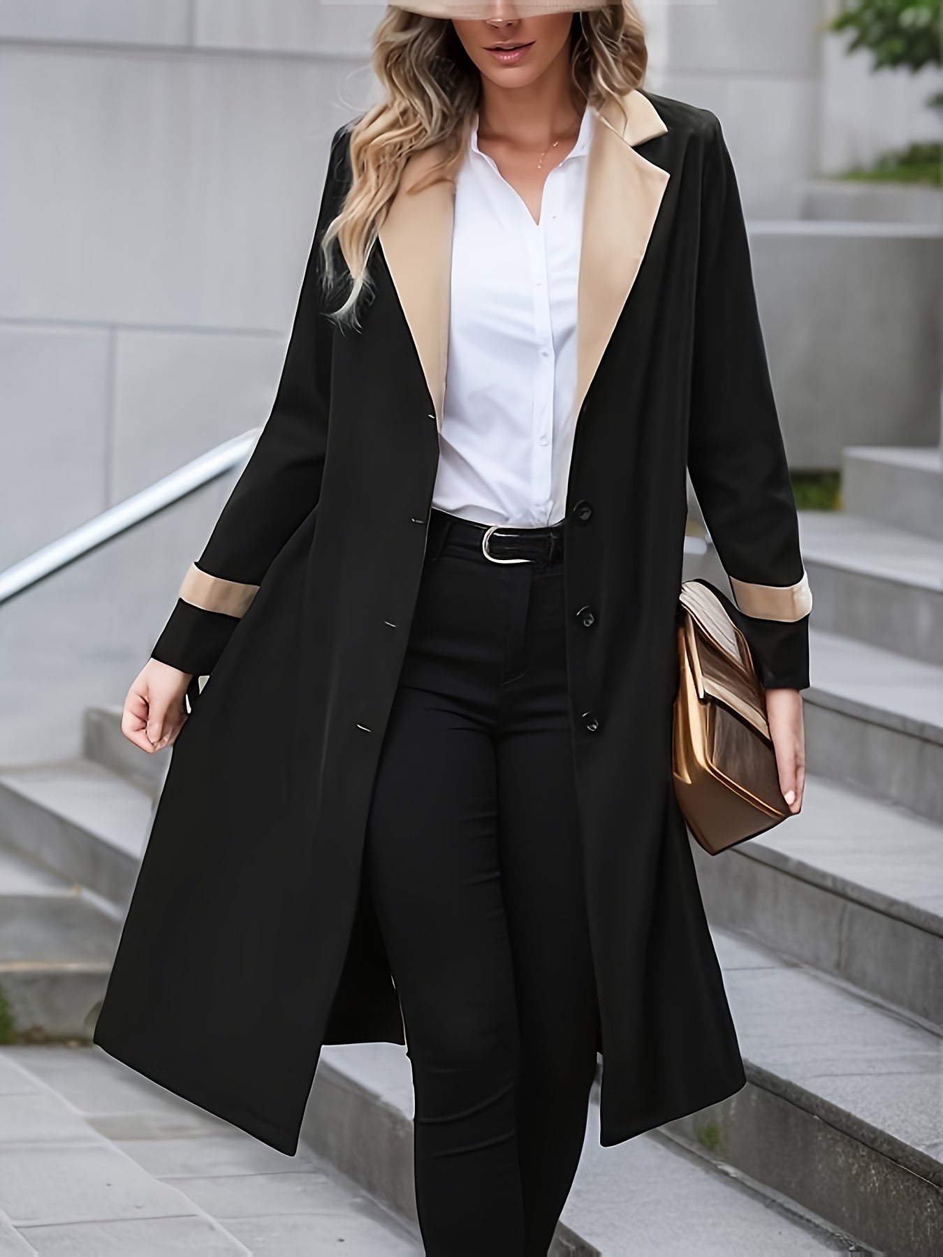 vlovelaw Button Front Contrast Trim Trench Coat, Casual Long Sleeve Trench Coat, Women's Clothing