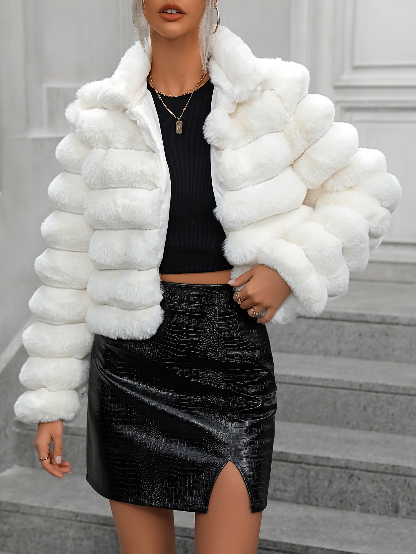 vlovelaw Solid Winter Warm Wavy Coat, Casual Open Front Stand Collar Long Sleeve Outerwear, Women's Clothing