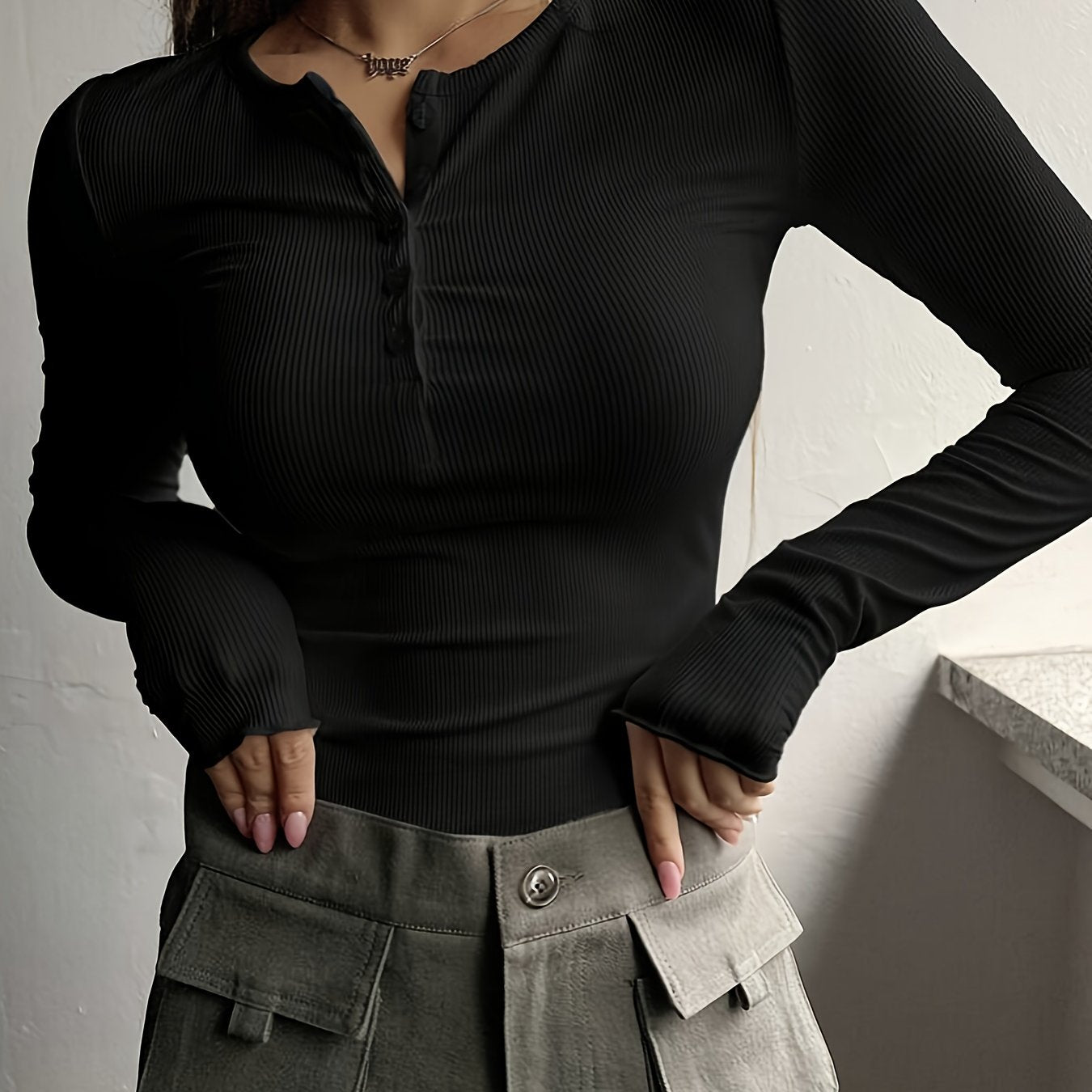 vlovelaw Solid Ribbed Button Front T-Shirt, Casual Long Sleeve Top For Spring & Fall, Women's Clothing