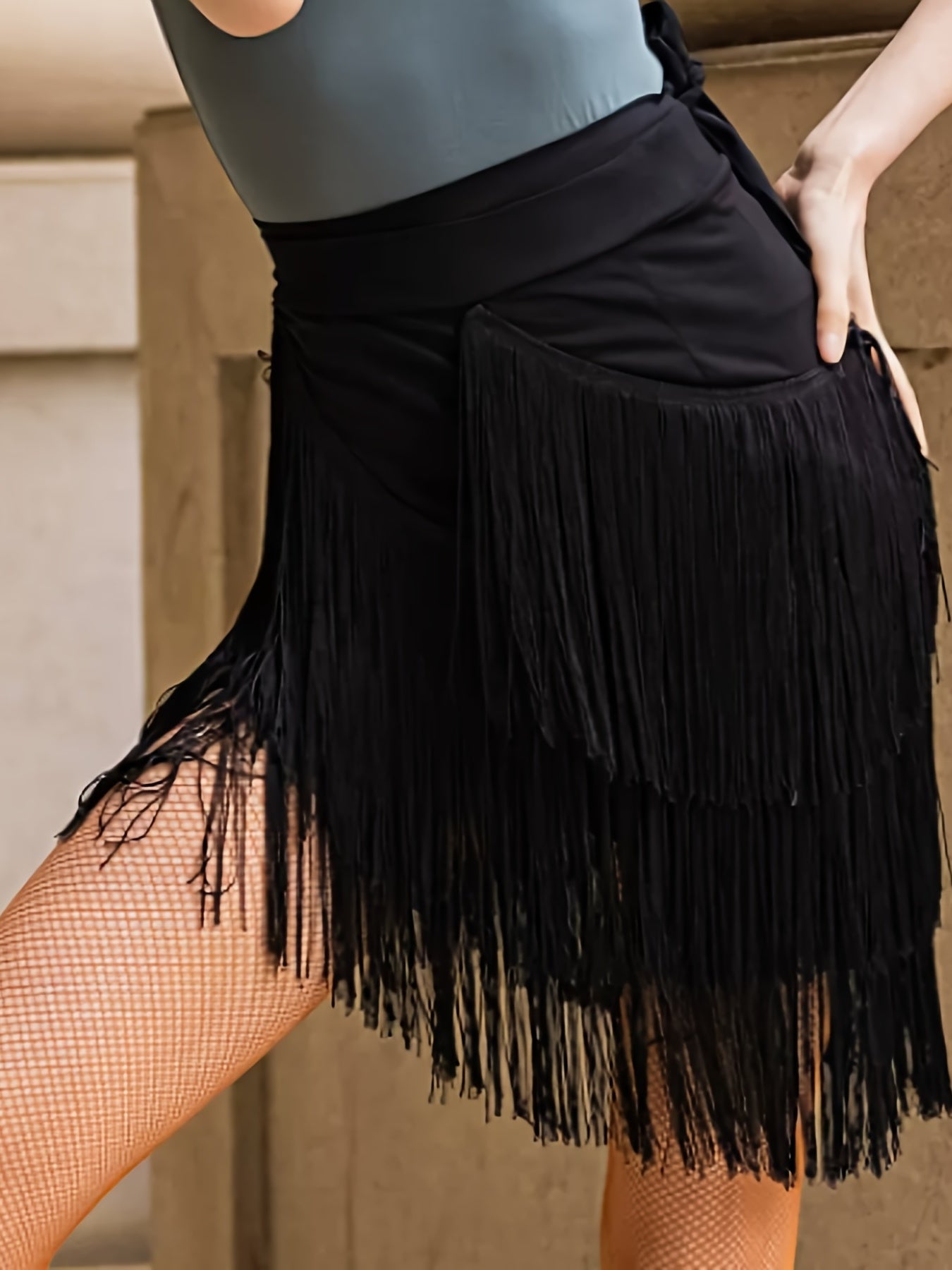 Black Tassel Trim Hip Wrap Short Skirt, Fashion High Waist Knot Latin Tango Dance Ballroom Skirts, Women's Dance Skirt