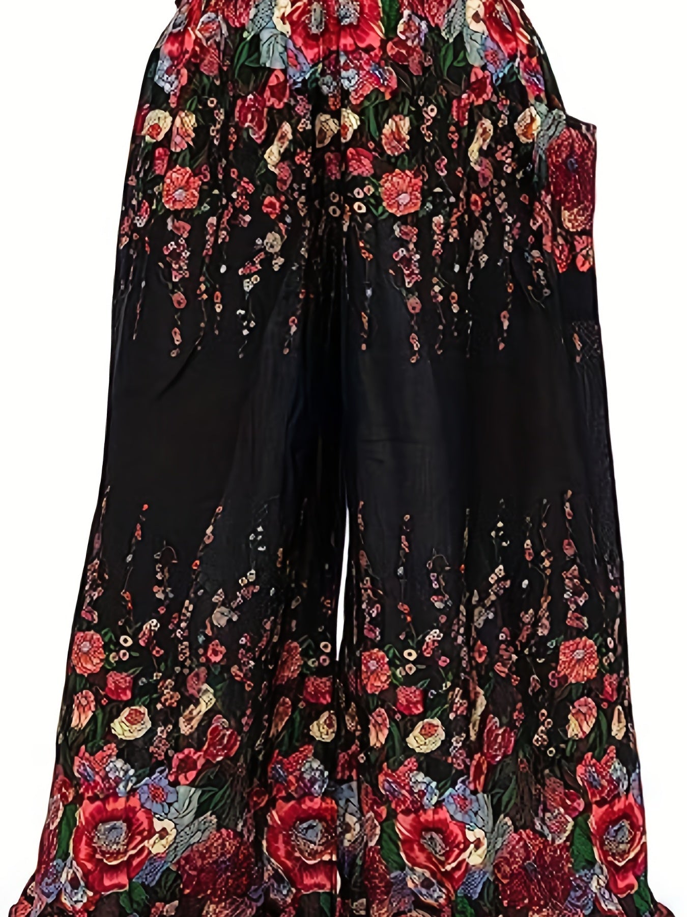 Plus Size Boho Pants, Women's Plus Floral Print High Rise Wide Leg Trousers With Belt