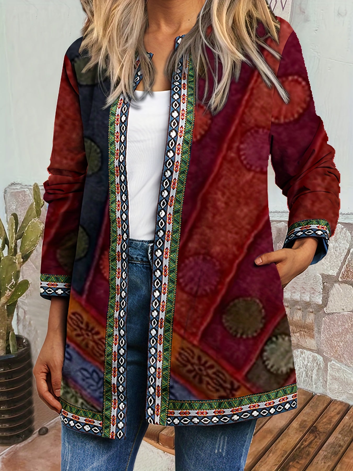 Ethnic Print Open Front Jacket, Vintage Long Sleeve Crew Neck Outerwear, Women's Clothing