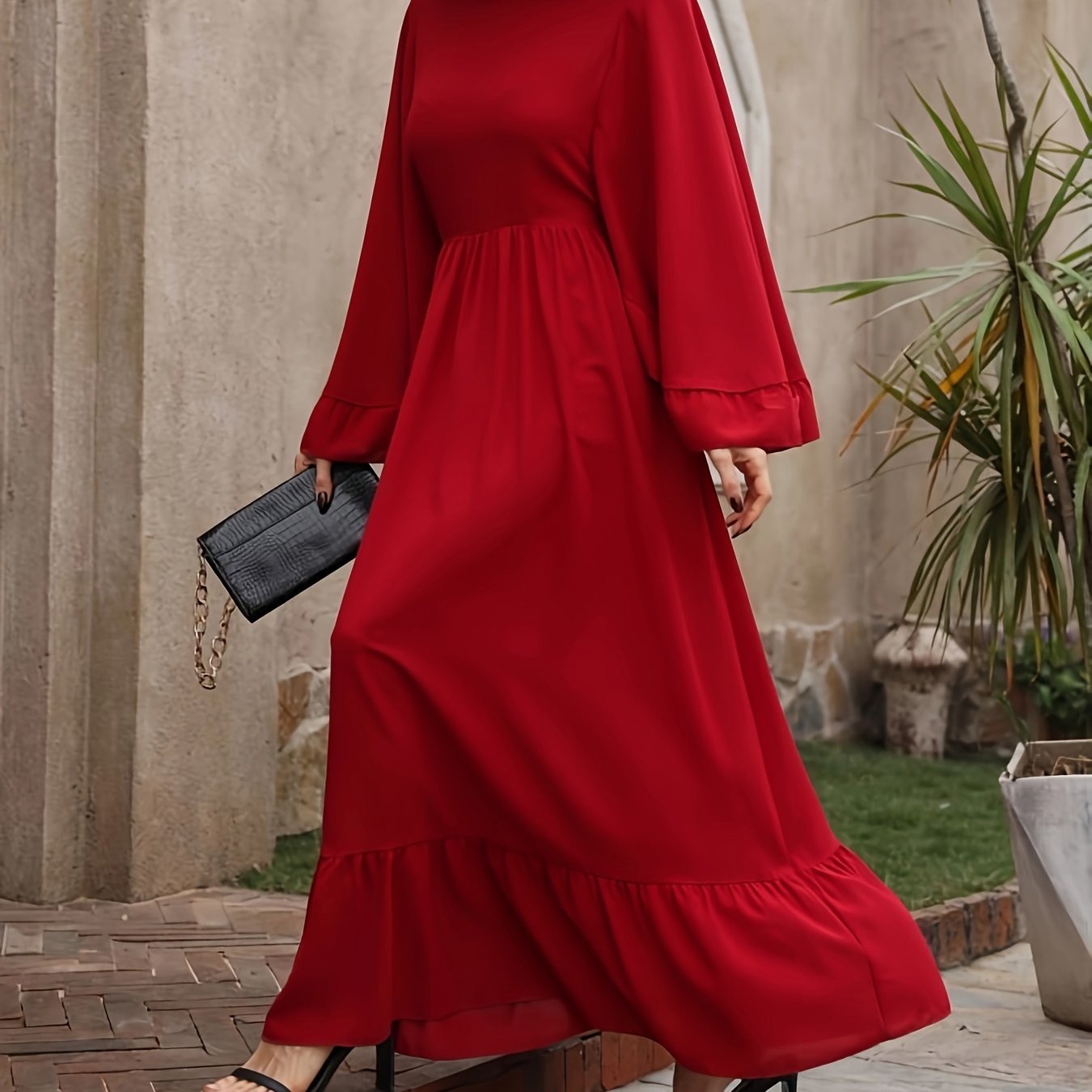 Solid Crew Neck Batwing Sleeve Dress, Cinched Waist Ruffle Hem A-line Dress, Women's Clothing