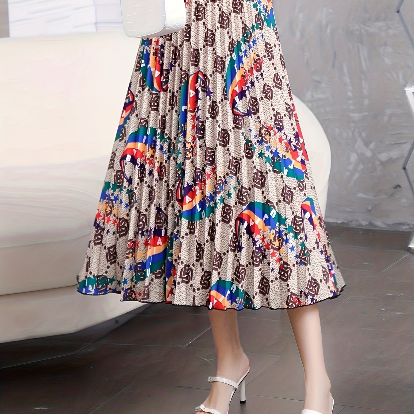 Plus Size Elegant Skirt, Women's Plus Geometric & Rainbow Print Elastic High Rise Pleated Maxi Skirt