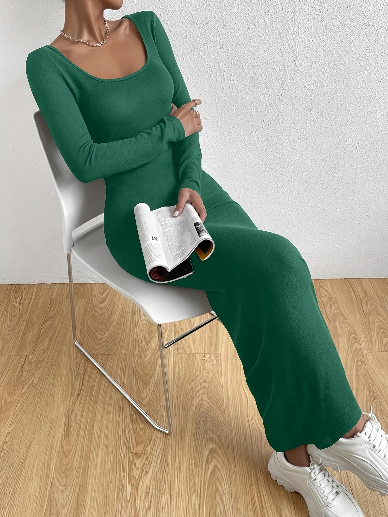 Solid Long Sleeve Knit Dress, Casual Square Neck Slim Dress For Spring & Fall, Women's Clothing