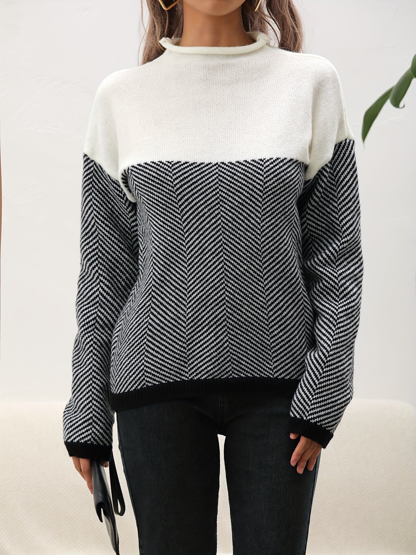 vlovelaw Long Sleeve Elegant Loose Sweater, High Neck Casual Sweater For Winter & Fall, Women's Clothing