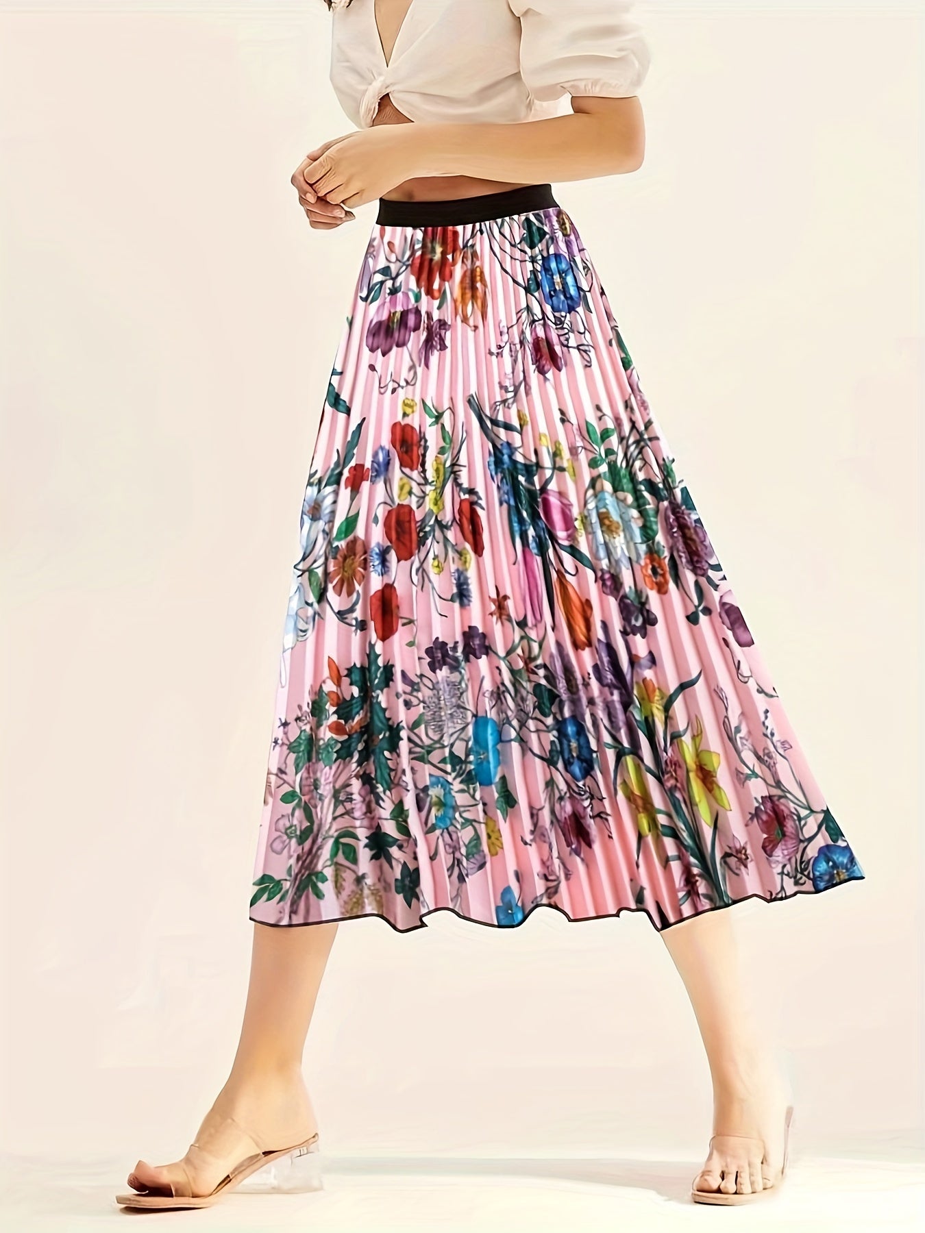 Plus Size Casual Skirt, Women's Plus Floral Print High Rise Pleated Midi Skirt