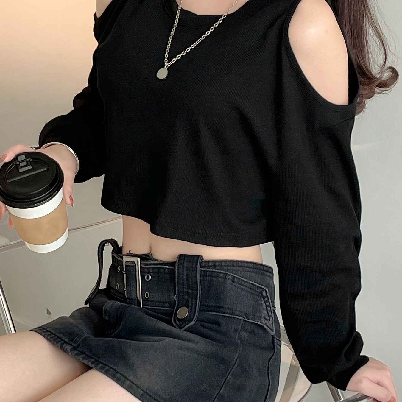 Cold Shoulder Crop T-Shirt, Casual Long Sleeve Crew Neck Top, Women's Clothing