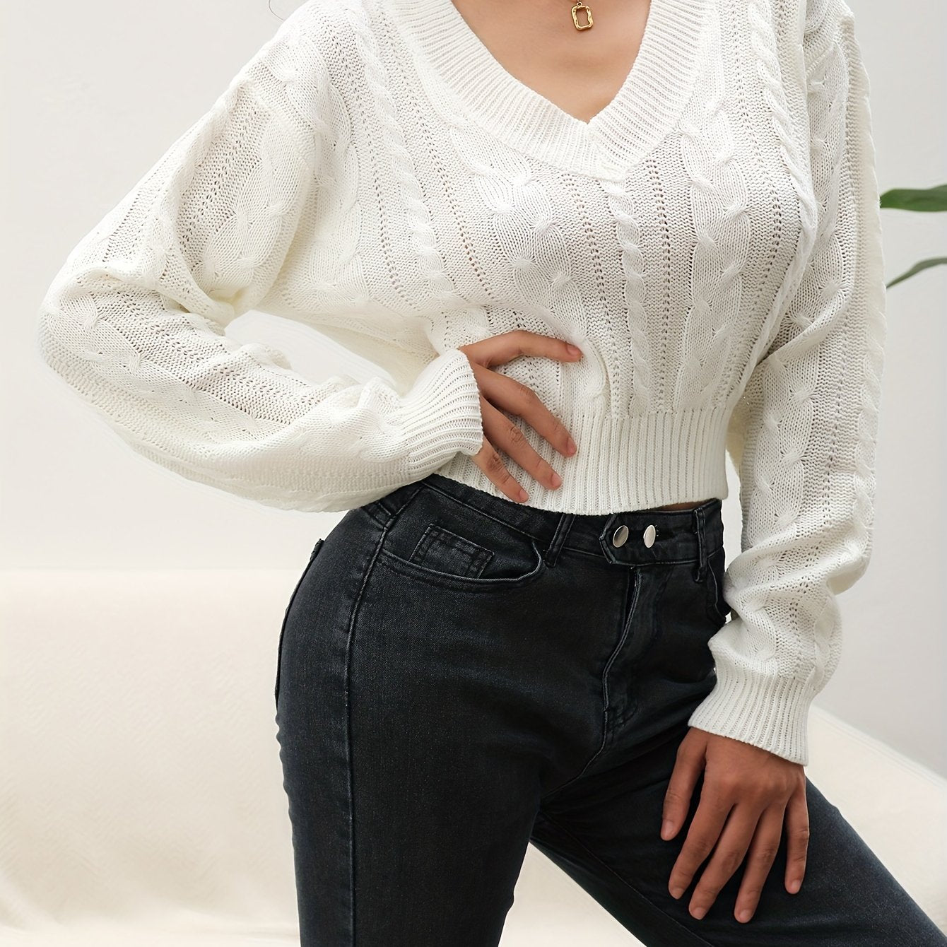 vlovelaw Solid Cable V Neck Sweater, Casual Long Sleeve Drop Shoulder Sweater, Women's Clothing