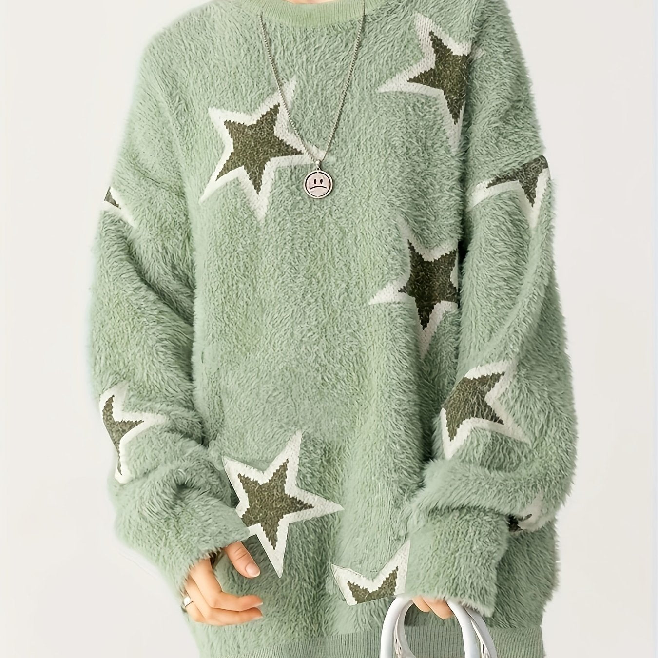 vlovelaw Star Pattern Crew Neck Sweater, Casual Long Sleeve Sweater For Fall & Winter, Women's Clothing