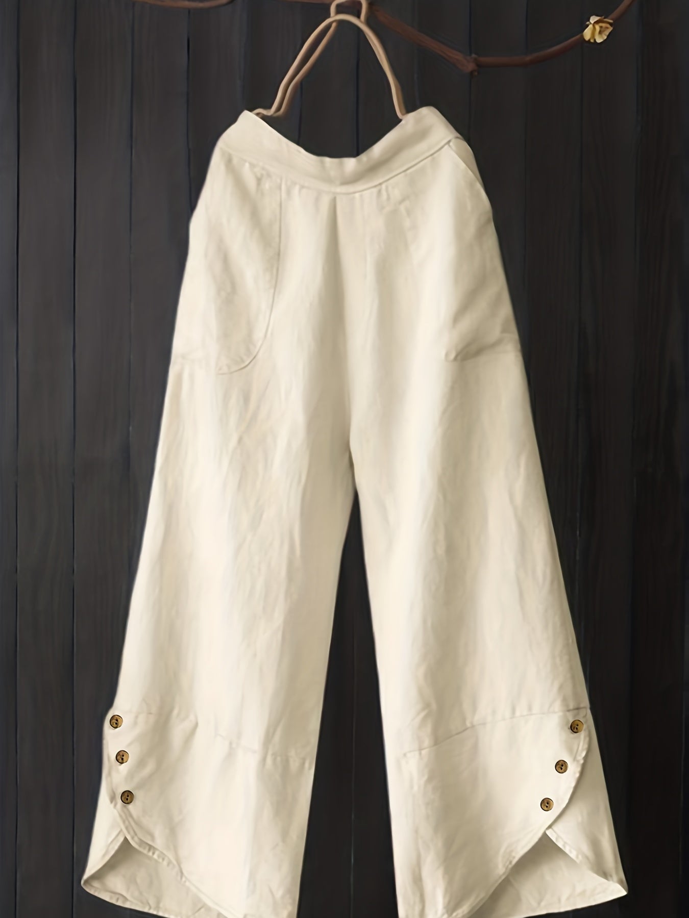 vlovelaw Plus Size High Rise Button Decor Irregular Wide Leg Pants, Women's Plus Casual Loose Fit Wide Leg Pants