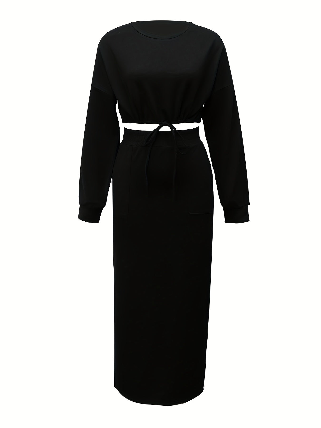 vlovelaw Casual Solid Two-piece Skirt Set, Drawstring Long Sleeve Crop Top & High Waist Split Skirt Outfits, Women's Clothing