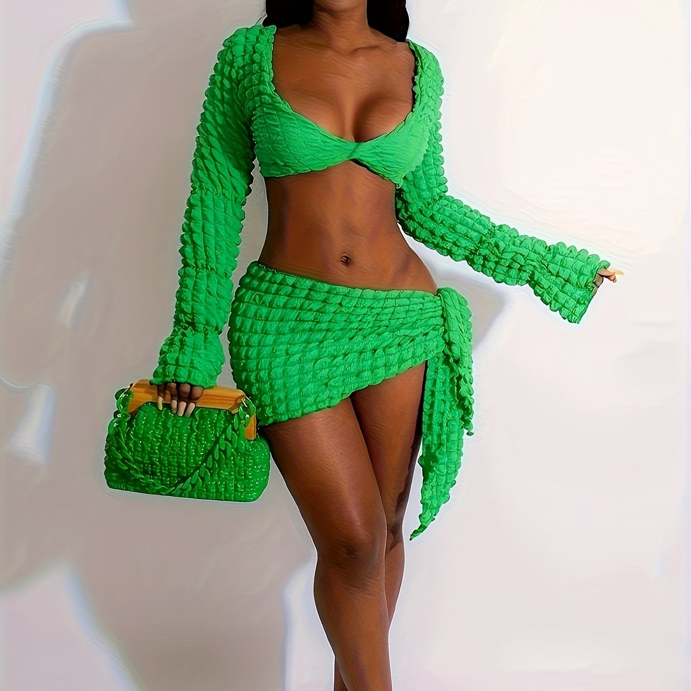 vlovelaw Sexy Popcorn Two-piece Set, Cropped Long Sleeve Tops & Sarong Mini Skirts Outfits, Women's Clothing