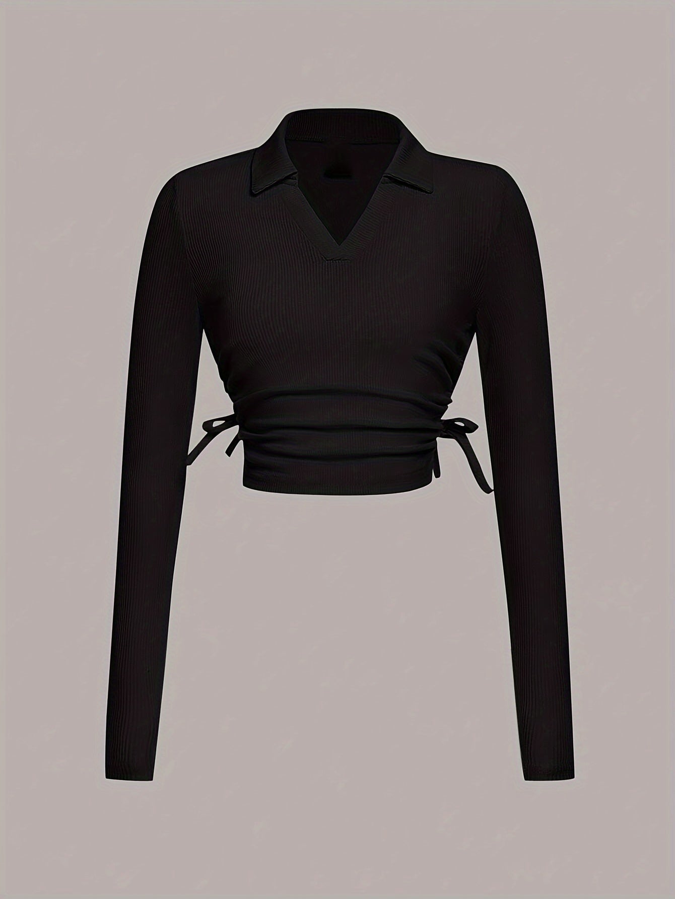 vlovelaw Solid V Neck T-shirt, Elegant Long Sleeve Ruched Top For Spring & Fall, Women's Clothing