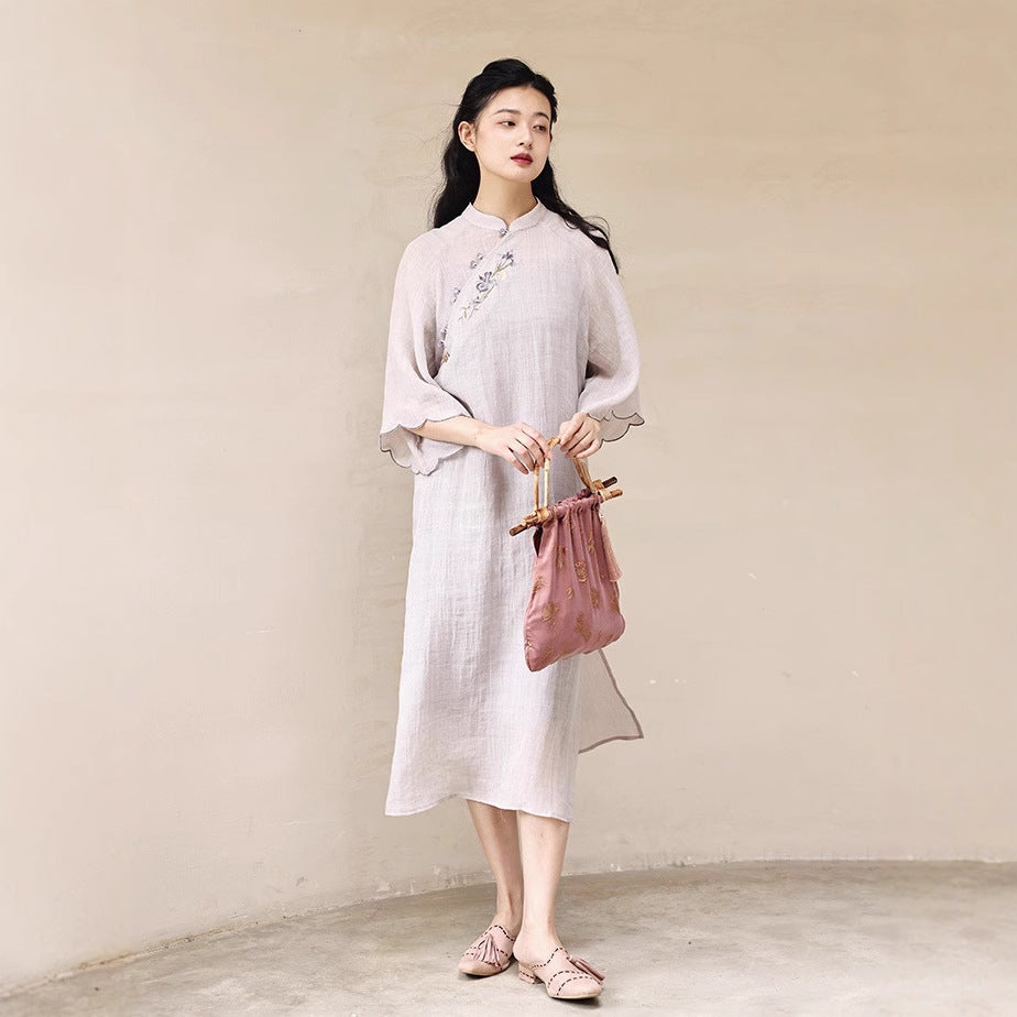 New Chinese dress women's cheongsam ramie Tencel embroidery improved cheongsam long skirt spring and summer women's long B0418