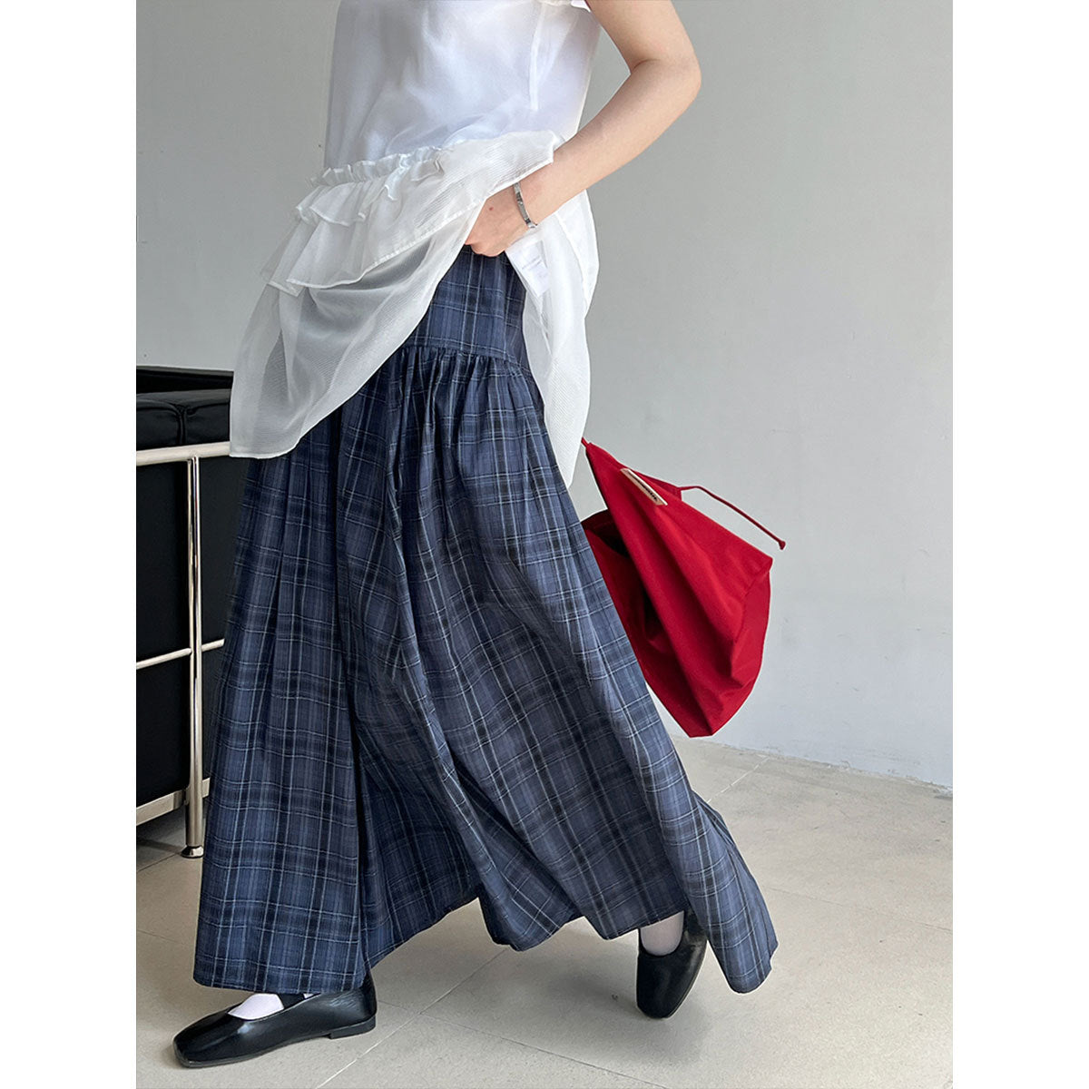 Luxi, plaid splicing skirt women's summer new elastic waist A-shaped skirt, large pendulum umbrella skirt, medium and long skirt 1875