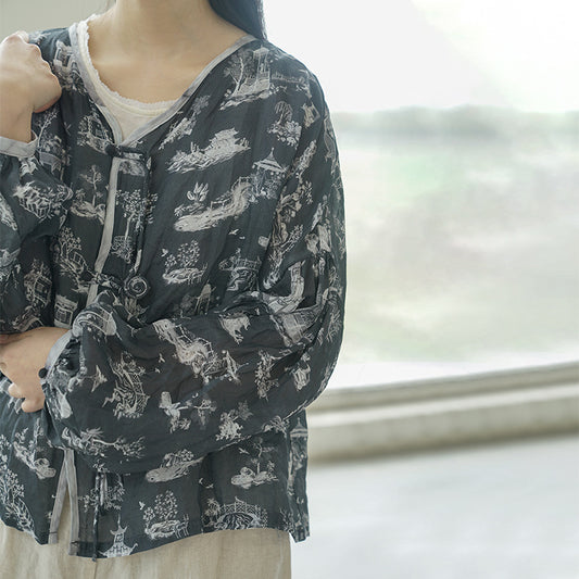 retro pair ramie printed shirt, casual age-reducing lantern sleeve cardigan sunshade S22207