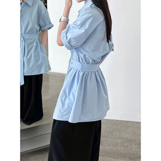 Luxi Korean niche design belt shirt women's summer new buckle loop strap waist short-sleeved top 8745