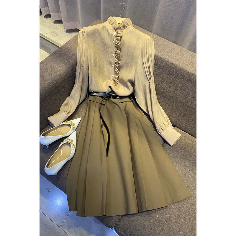 2025 Temperament ruffle leaf edge shirt skirt two-piece set, gentle wind suit skirt A-shaped skirt Hangzhou Sijiqing women's clothing summer