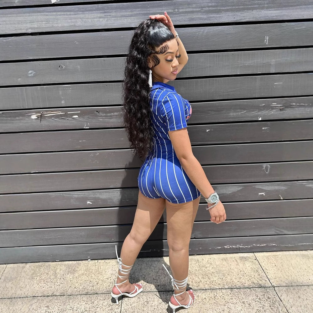 summer new women's clothing New Popular trade Spice Girls printed striped slim top hip shorts jumpsuit