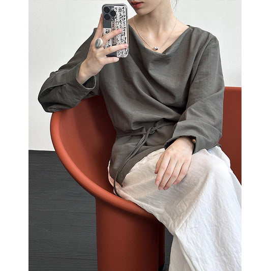 2025 Tachibana spring new lazy wind lace-up simple loose versatile pile collar temperament shirt women 59959