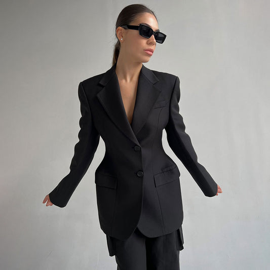 KKBOXLY Cross-border New autumn and winter V-neck waist suit women's senior sense ins slim suit light luxury design suit jacket