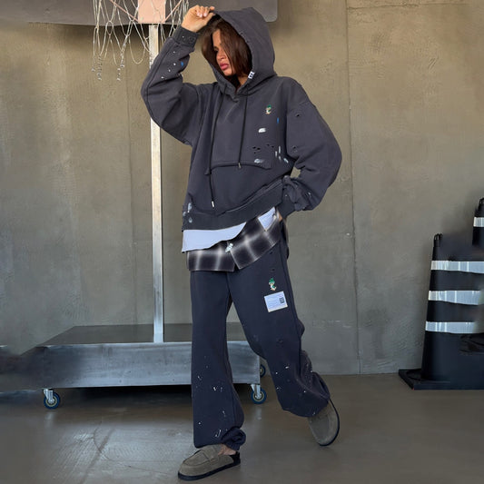 trendy brand stacking sweater splicing shirt set women's high-end sense hole paint hooded set Popular trade