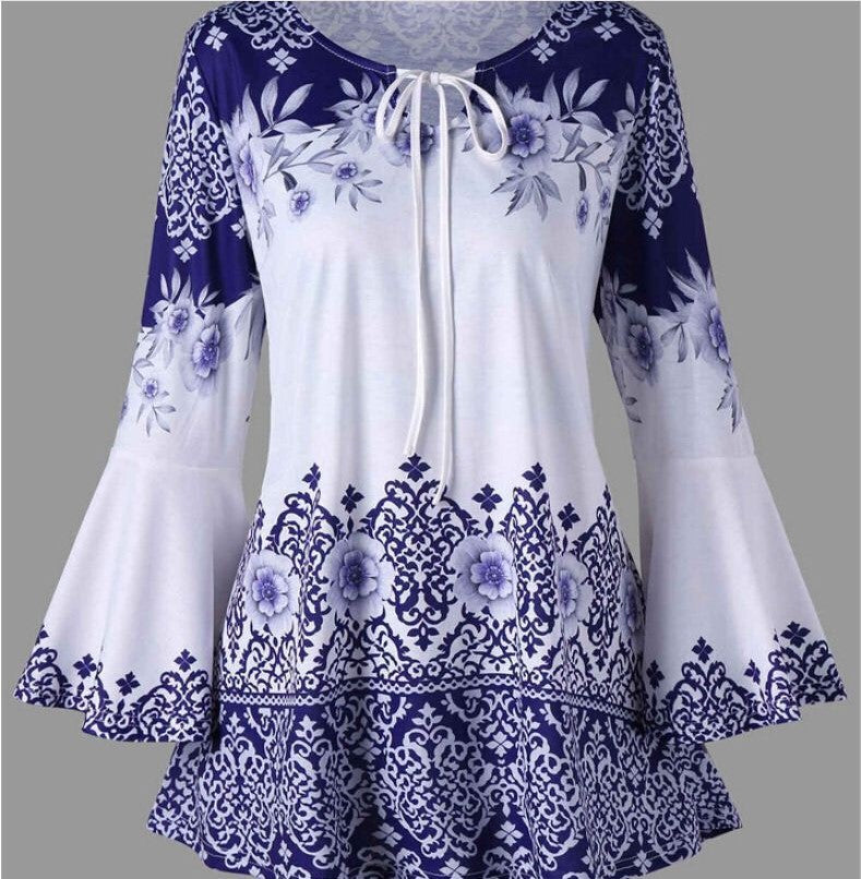 VLOVELAW European and American New Women's Clothing Printing Long Horn Sleeve Lace-up T-shirt Slim Long Sleeve plus Size Women's Clothing