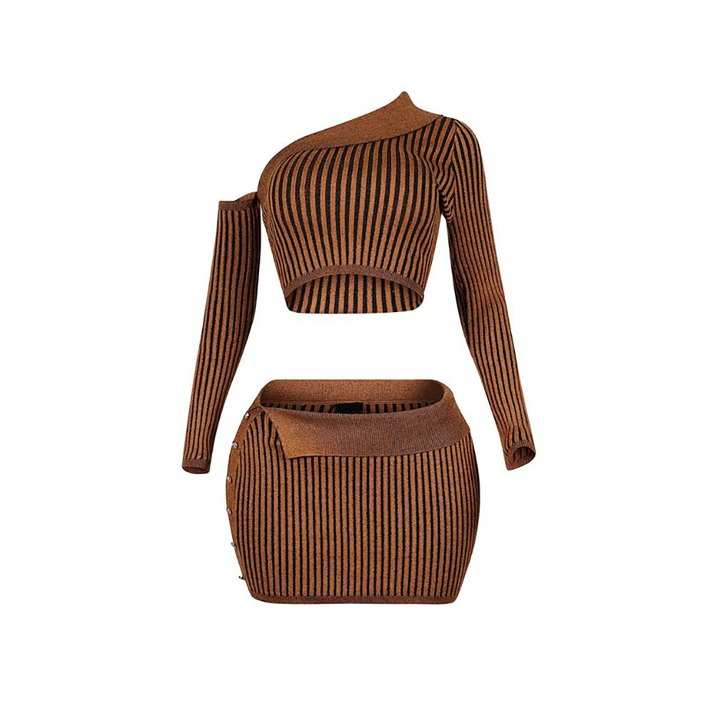 2025 Cross-border slanted shoulder vertical stripe short woolen suit women's skirt autumn and winter fashion tight skirt suit women's clothing high sense